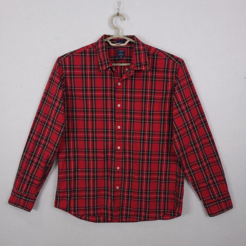 J Crew Flex Washed Button Up Shirt Mens Red XL Slim Fit Tartan Plaid Long Sleeve